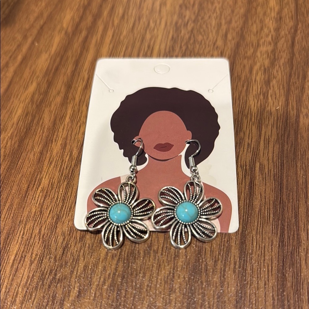 Silver and Turquoise Vintage Flower Earrings